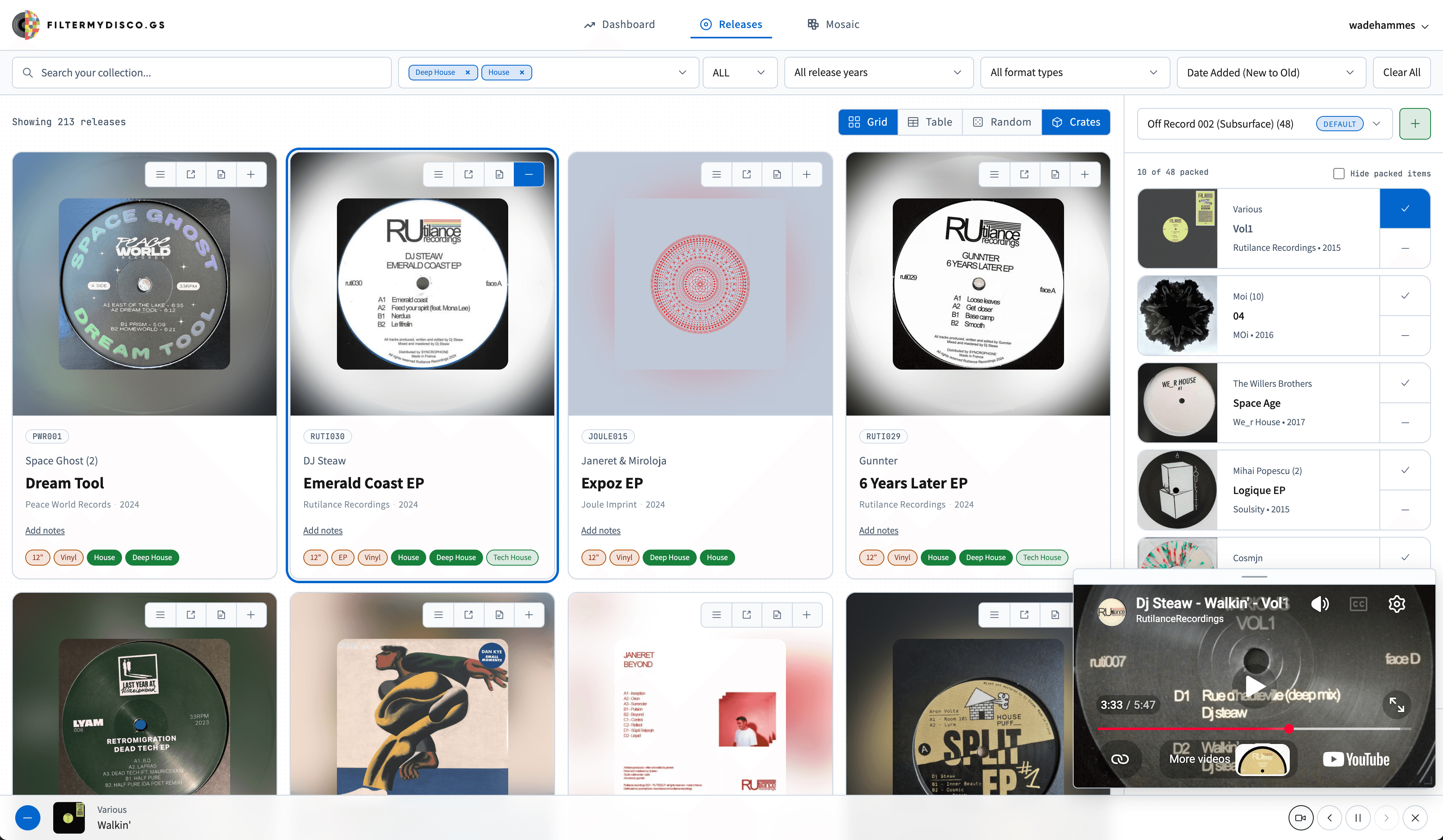 FilterMyDiscogs app preview showing release cards, filters, crate organization, and collection insights